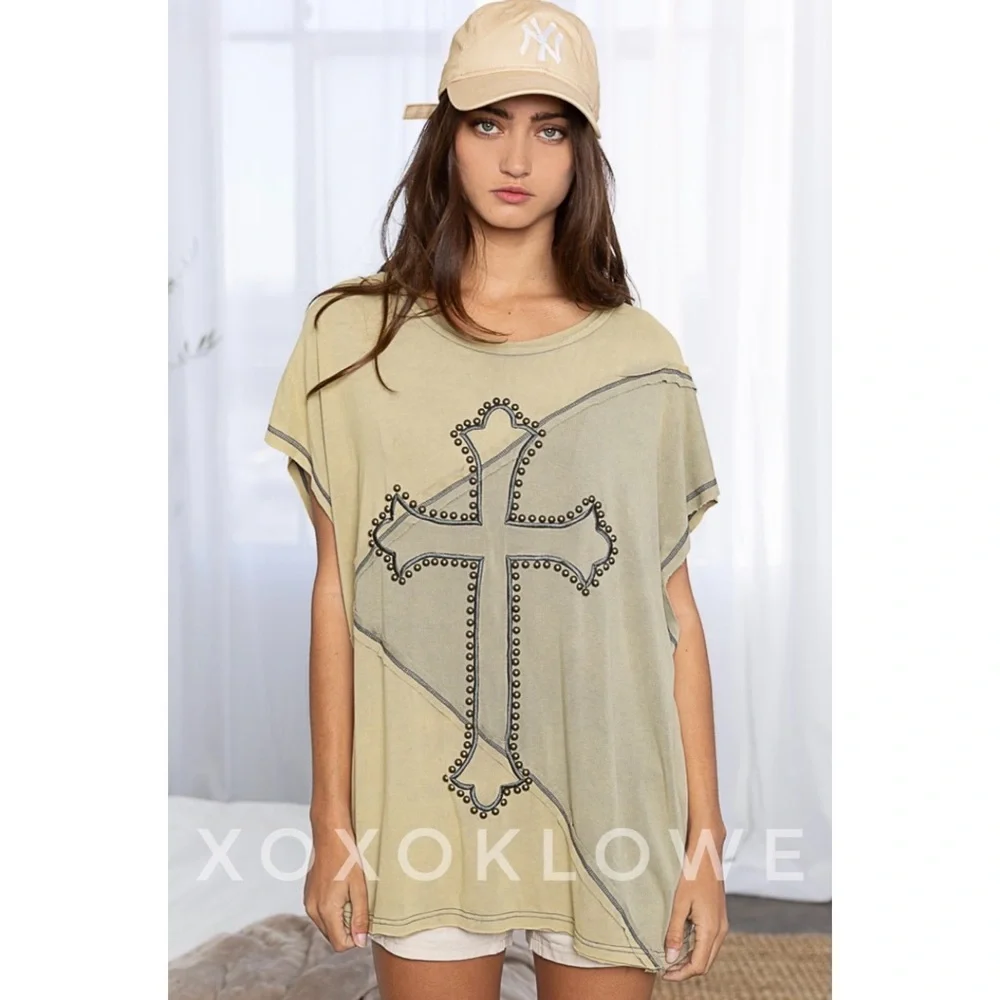 POL Olive Two Tone Studded & Embroidered Cross Top - Picture 7 of 14